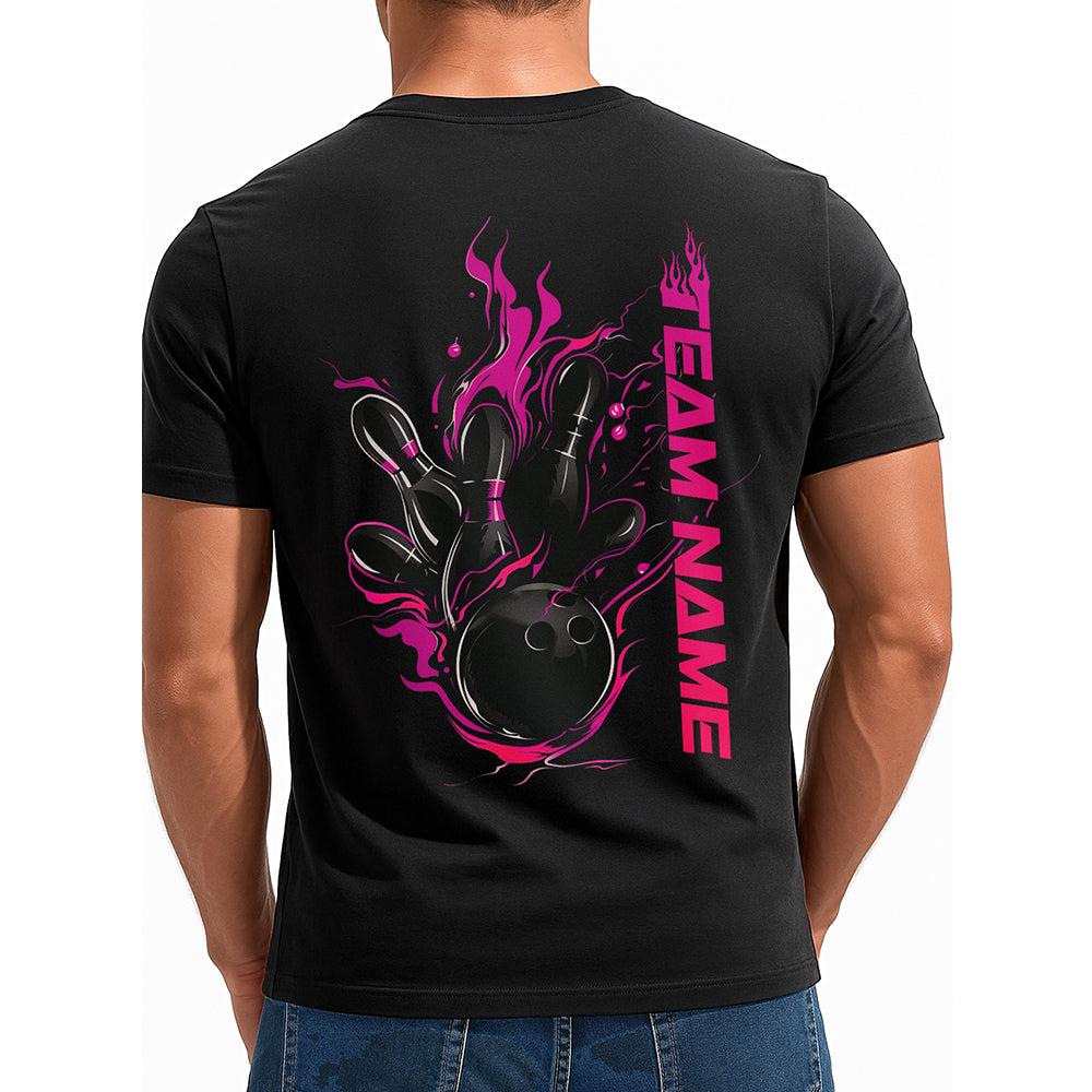 Custom Black And Pink Flame Strike Bowling T-Shirts For Men, Team Outfit IPHW9056