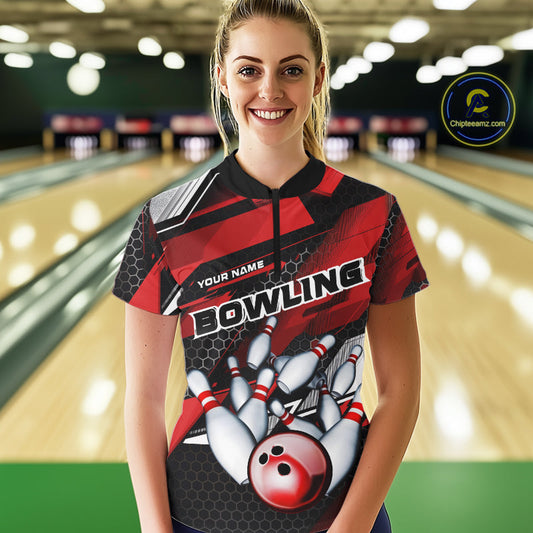Custom Black And Red Hexagon Pattern Bowling Women Quarter-Zip Shirts, Team Uniform IPHW9420