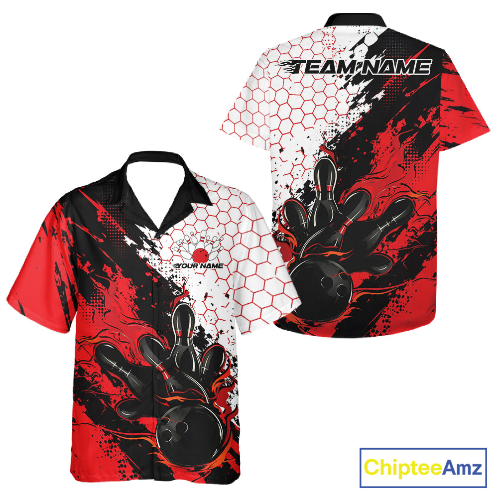 Custom Red Flame Grunge Bowling Men And Women Button Up Shirt, Halftone Hexagon Bowling Shirt IPHW12012