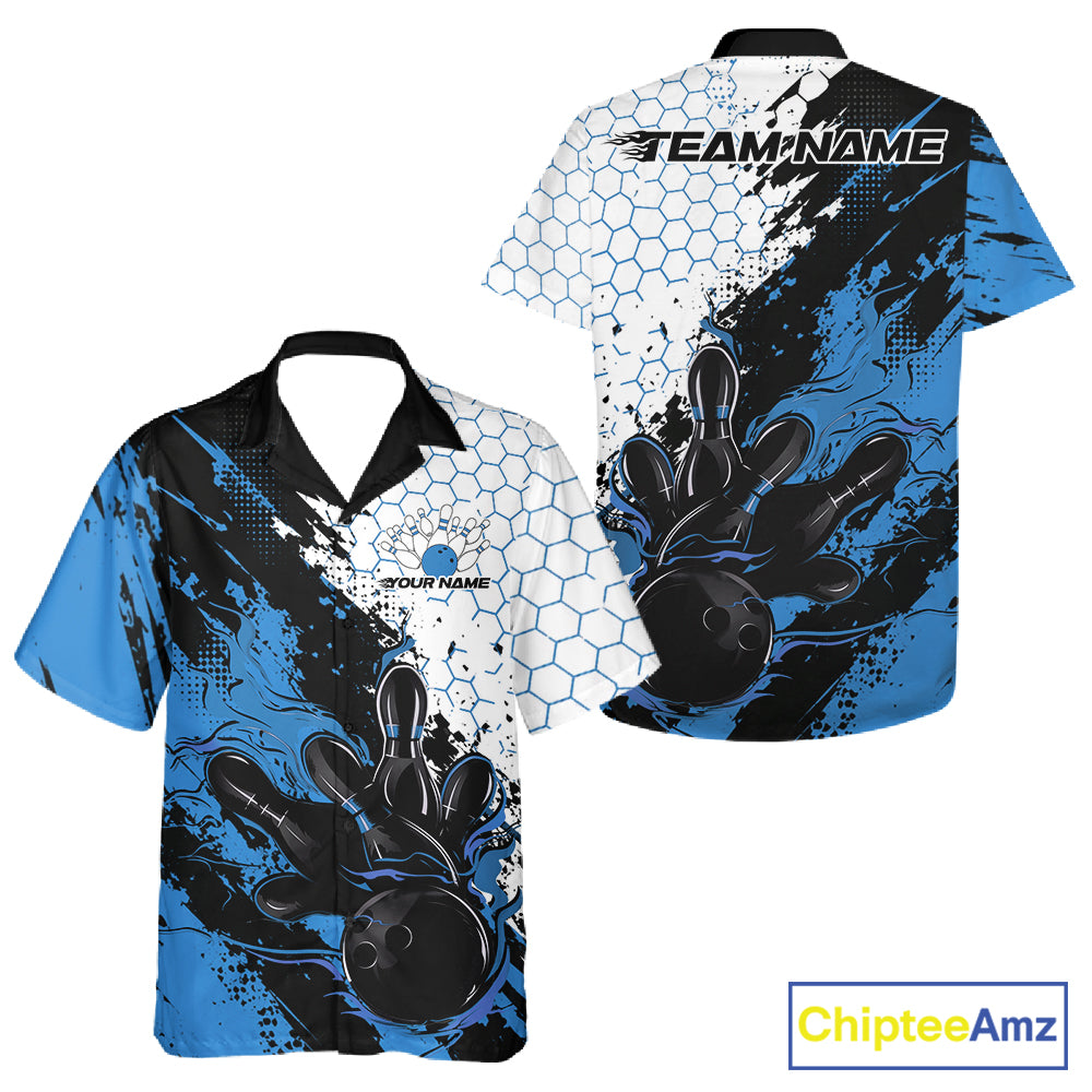 Custom Blue Flame Grunge Bowling Men And Women Button Up Shirt, Halftone Hexagon Bowling Shirt IPHW12013