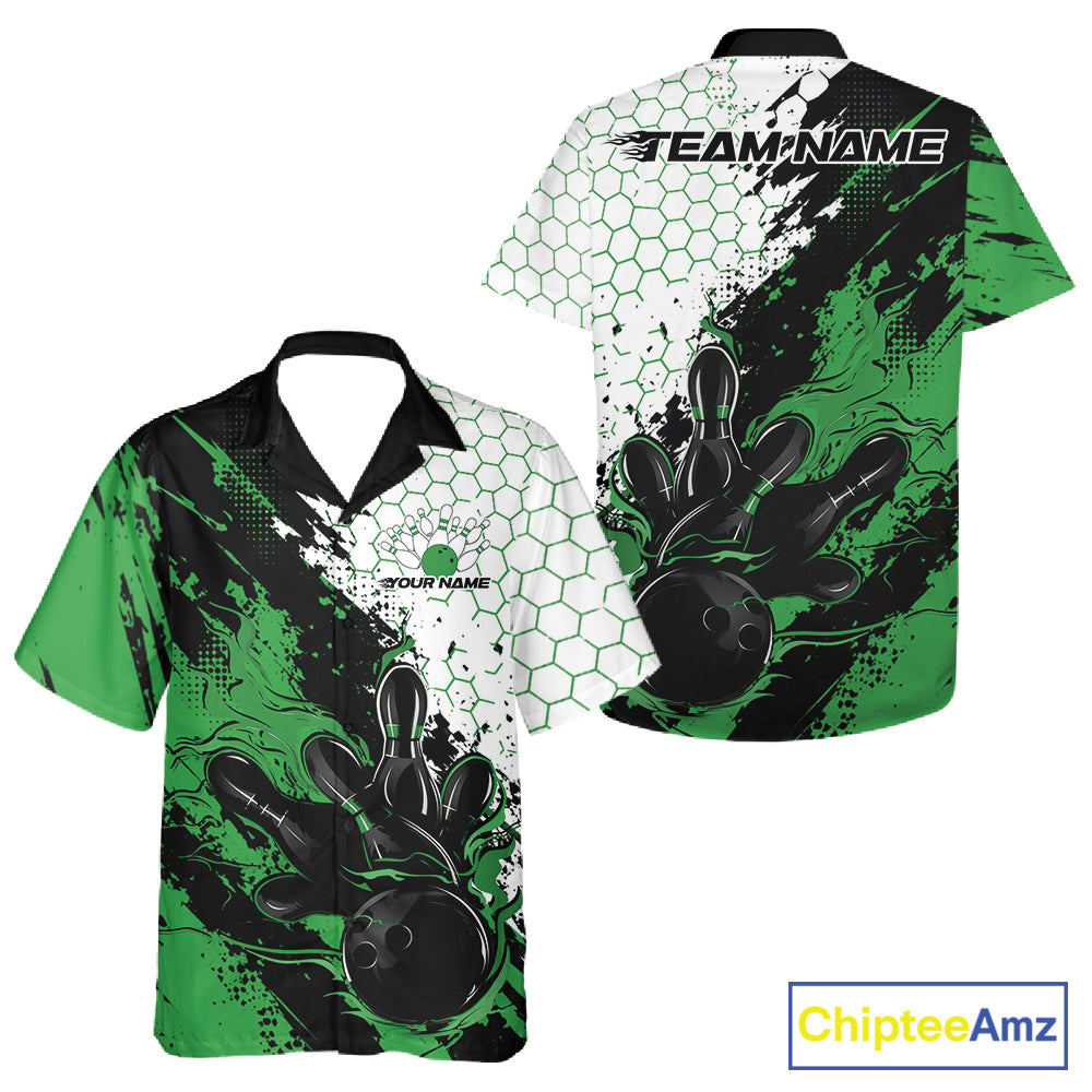 Custom Green Flame Grunge Bowling Men And Women Button Up Shirt, Halftone Hexagon Bowling Shirt IPHW12014