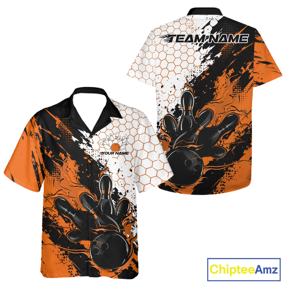 Custom Orange Flame Grunge Bowling Men And Women Button Up Shirt, Halftone Hexagon Bowling Shirt IPHW12015