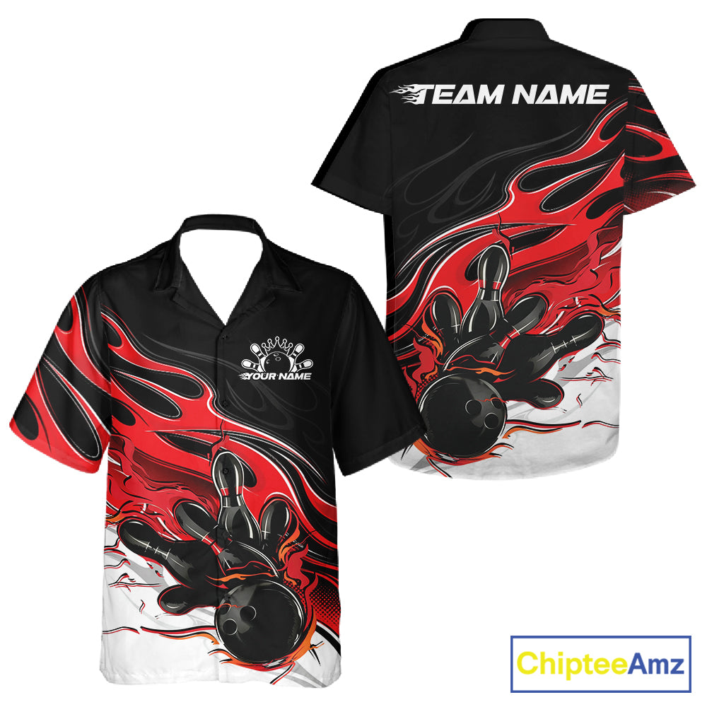 Custom Black And Red Flame Bowling Men And Women Jersey, Bowling Team Men And Women Button Up Shirt IPHW12025