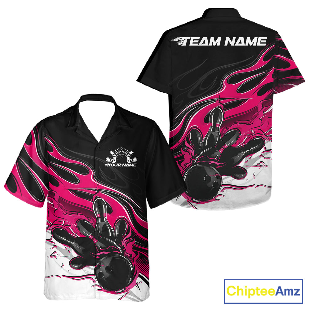 Custom Black And Pink Flame Bowling Men And Women Jersey, Bowling Team Men And Women Button Up Shirt IPHW12028