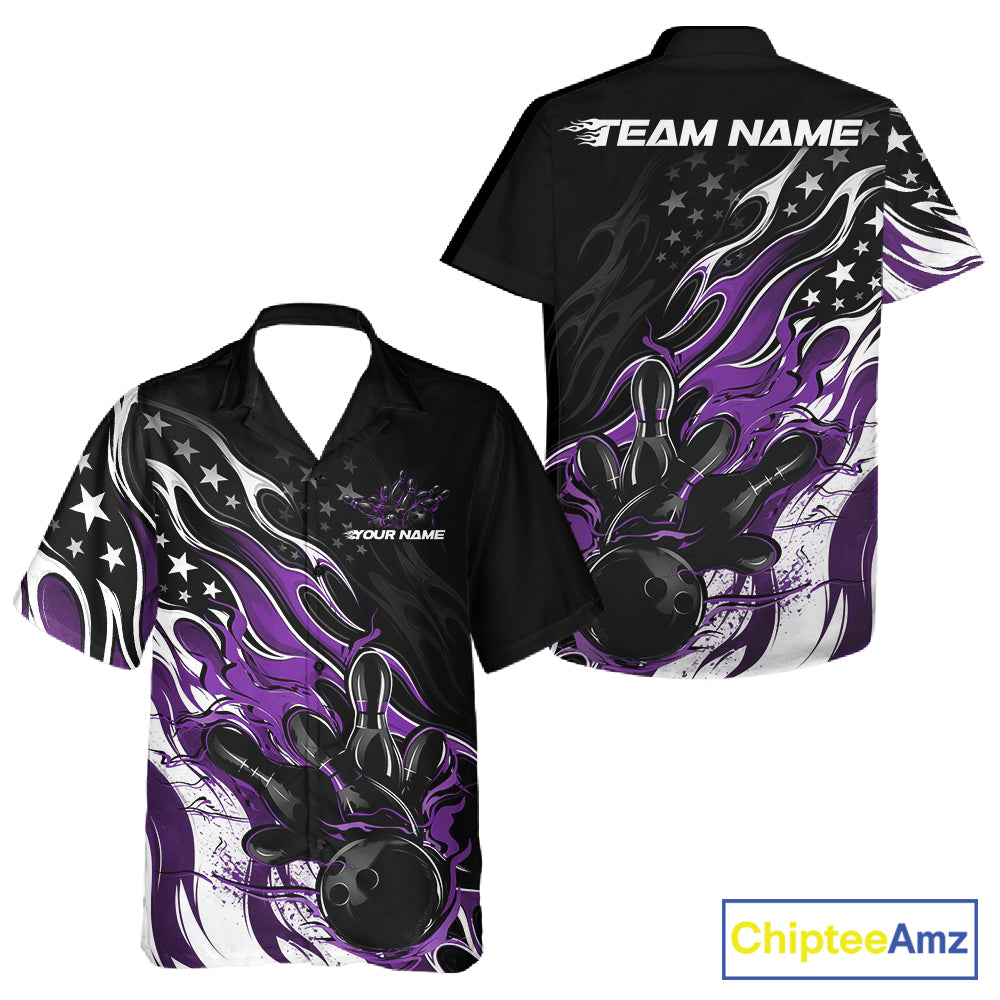 Custom Patriotic American Flag Purple Flame Bowling Men And Women Button Up Shirt, US Bowling Jersey IPHW12036