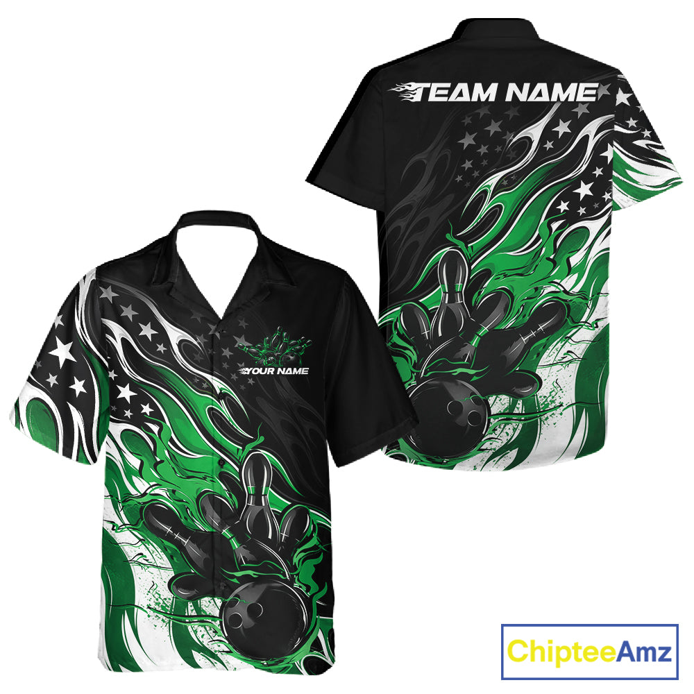 Custom Patriotic American Flag Green Flame Bowling Men And Women Button Up Shirt, US Bowling Jersey IPHW12037