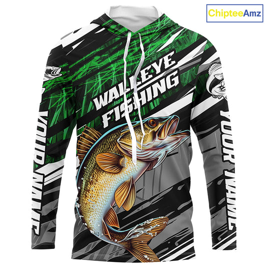Walleye Fishing Camo Long Sleeve Fishing Shirts, Custom Walleye Tournament Fishing Jerseys | Green IPHW5956