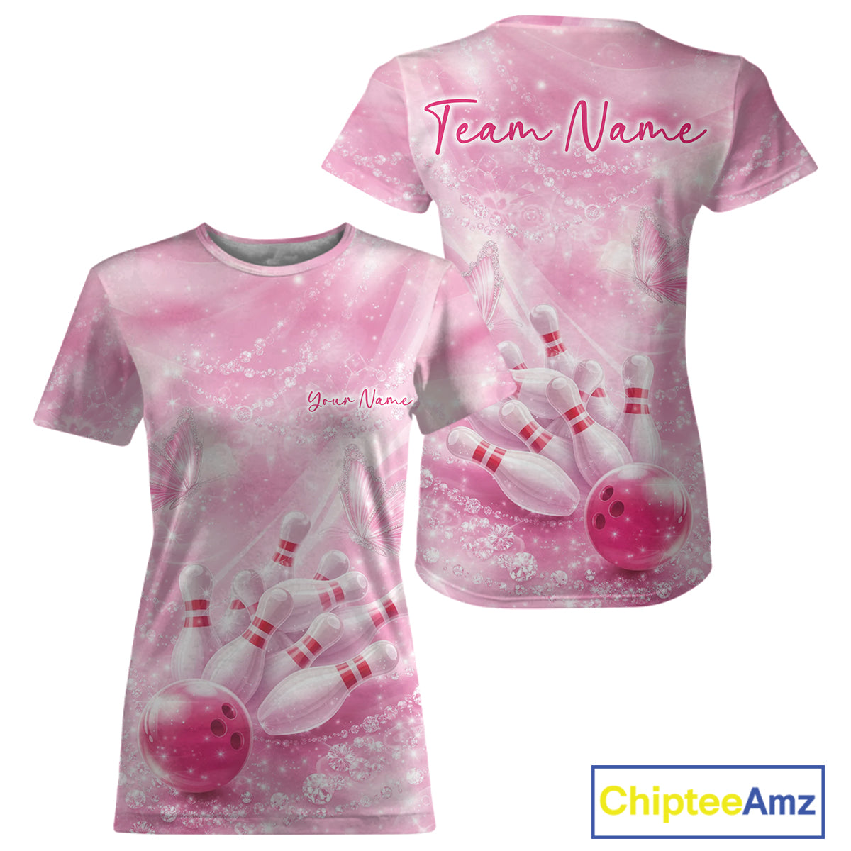Front and back view of a women’s crewneck bowling T-shirt featuring a pink bowling strike design with butterflies and sparkling diamond details.