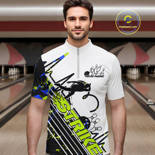 Custom Blue And Green Camo Strike Bowling Quarter-Zip Shirt For Men, Bowling Heartbeat Pulse Line IPHW9249