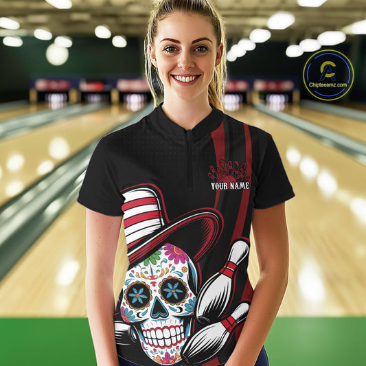 Custom Black And Red Sugar Skull Bowling Women Quarter-Zip Shirt, Bowling League Shirt IPHW9256