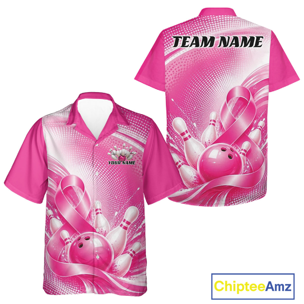 Custom Pink Splatter Breast Cancer Pink Ribbon Bowling Men And Women Button Up Shirt, Team League Shirt IPHW12049