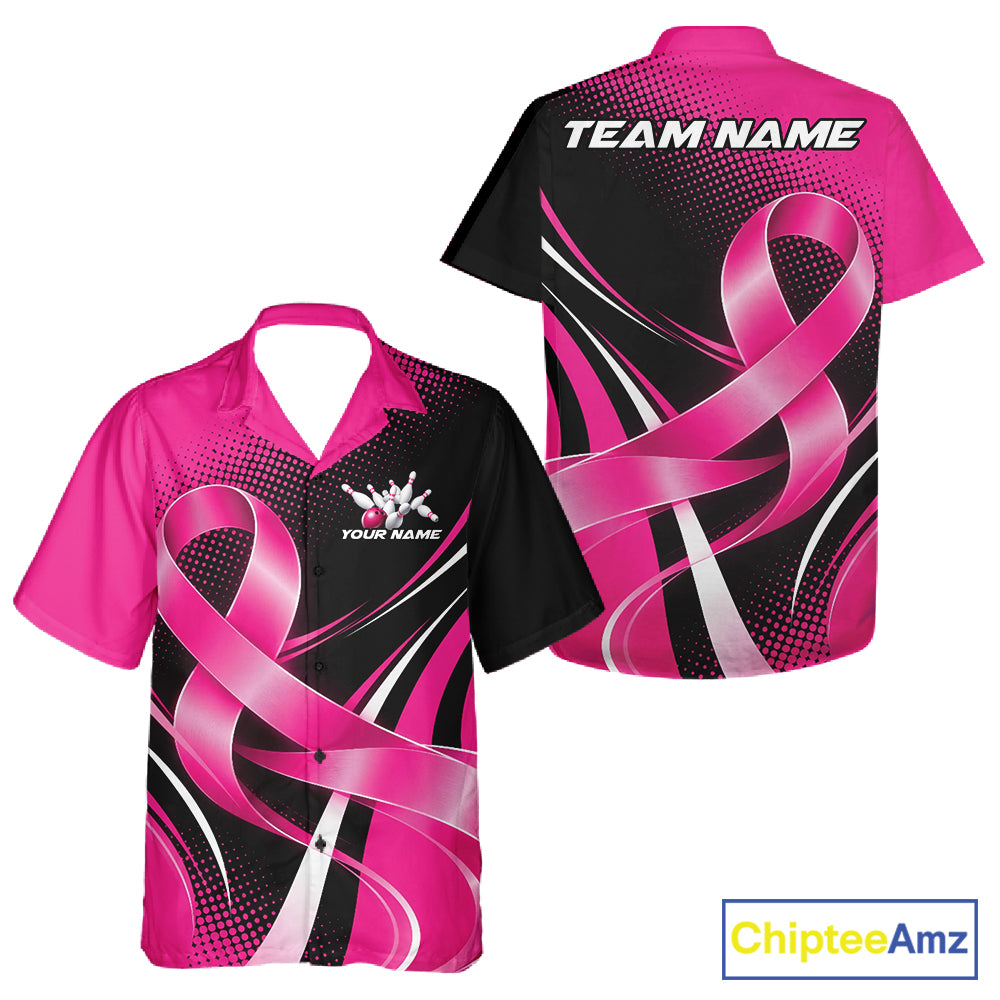 Custom Black And Pink Ribbon Breast Cancer Bowling Team Men And Women Button Up Shirt, Bowling Jersey IPHW12054