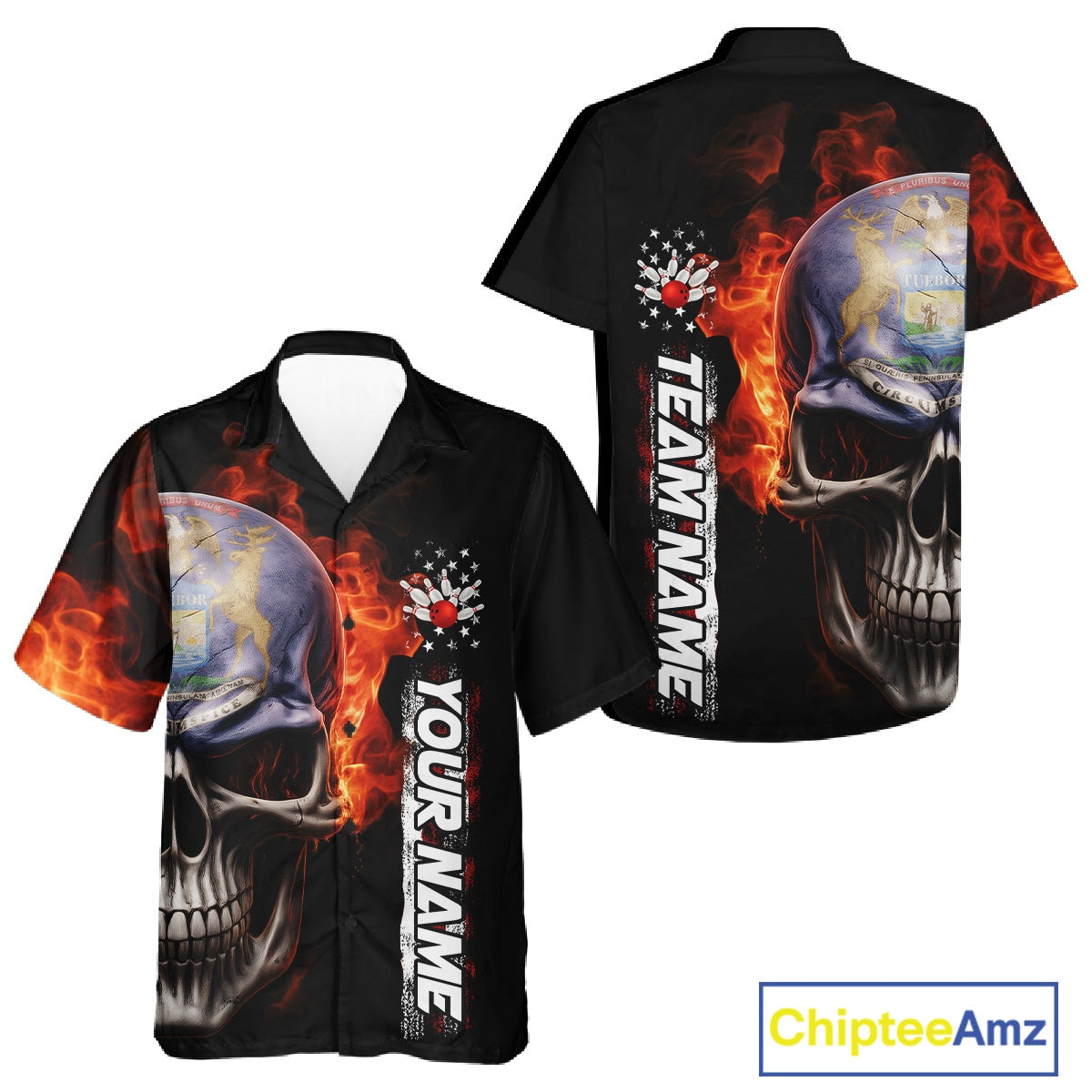 Custom Flame Skull American Michigan Flag Men And Women Bowling Team Shirt, Patriotic Bowling Jersey IPHW10636