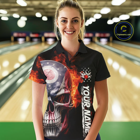 Custom Flame Skull American Ohio Flag Women Bowling Team Shirt, Patriotic Bowling Jersey IPHW10637