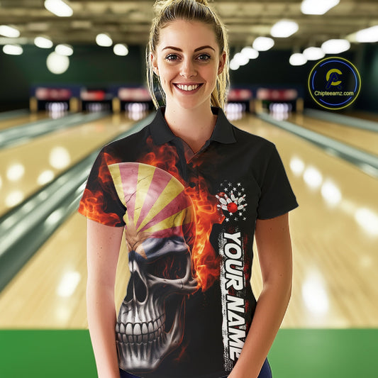Custom Flame Skull American Arizona Flag Women Bowling Team Shirt, Patriotic Bowling Jersey IPHW10638