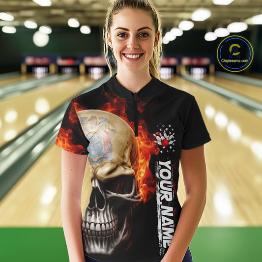 Custom Flame Skull American New Jersey Flag Women Bowling Shirt, Patriotic Bowling Shirt IPHW10639