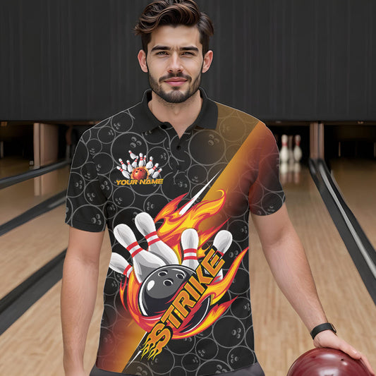 Custom Black And Red Orange Flame Strike Bowling Men Polo Shirts, Bowling Ball Pattern Shirt IPHW8781