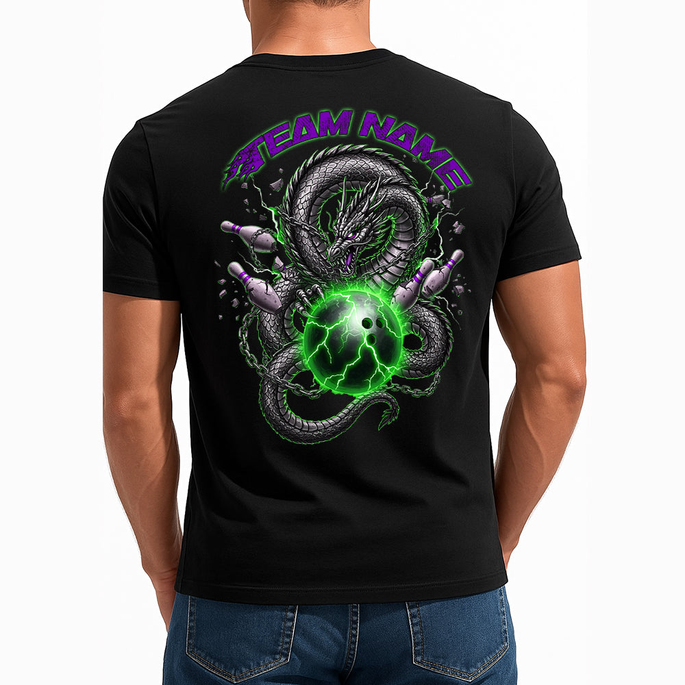 Custom Purple And Green Lightning Dragon Bowling T-Shirts For Men, Unique Bowlers Outfit IPHW9062