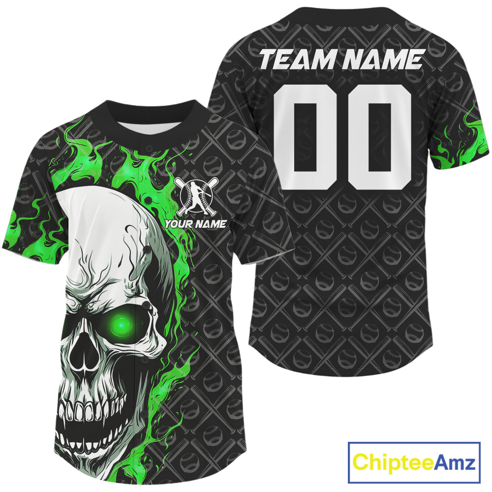 Custom Green Flame Skull Men Baseball Jerseys, Baseball Team Uniform Halloween Outfit IPHW9587