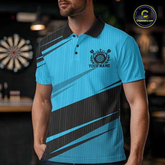 Custom Black And Blue Classic Crowned Dart Men Polo Shirt, Darts Team Jersey IPHW12077
