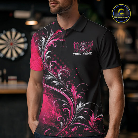 Custom Black And Pink Floral Darts With Wings Men Polo Shirt, Dart Team Jersey IPHW12080