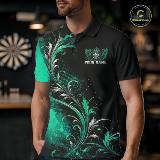 Custom Black And Green Floral Darts With Wings Men Polo Shirt, Dart Team Jersey IPHW12082