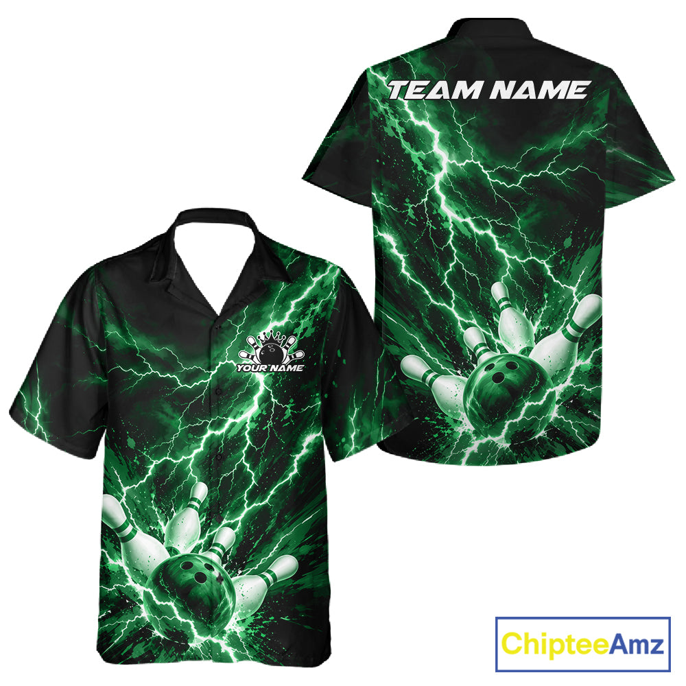 Custom Green Lightning Bowling Team Men And Women Button Up Shirt, Bowling Tournament Jerseys IPHW12383