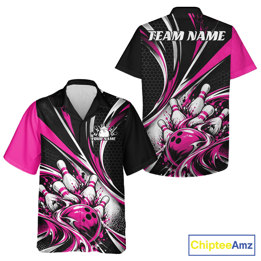 Black And Pink Tournament Bowling Jersey, Custom Bowling Team Men And Women Button Up Shirt IPHW12843