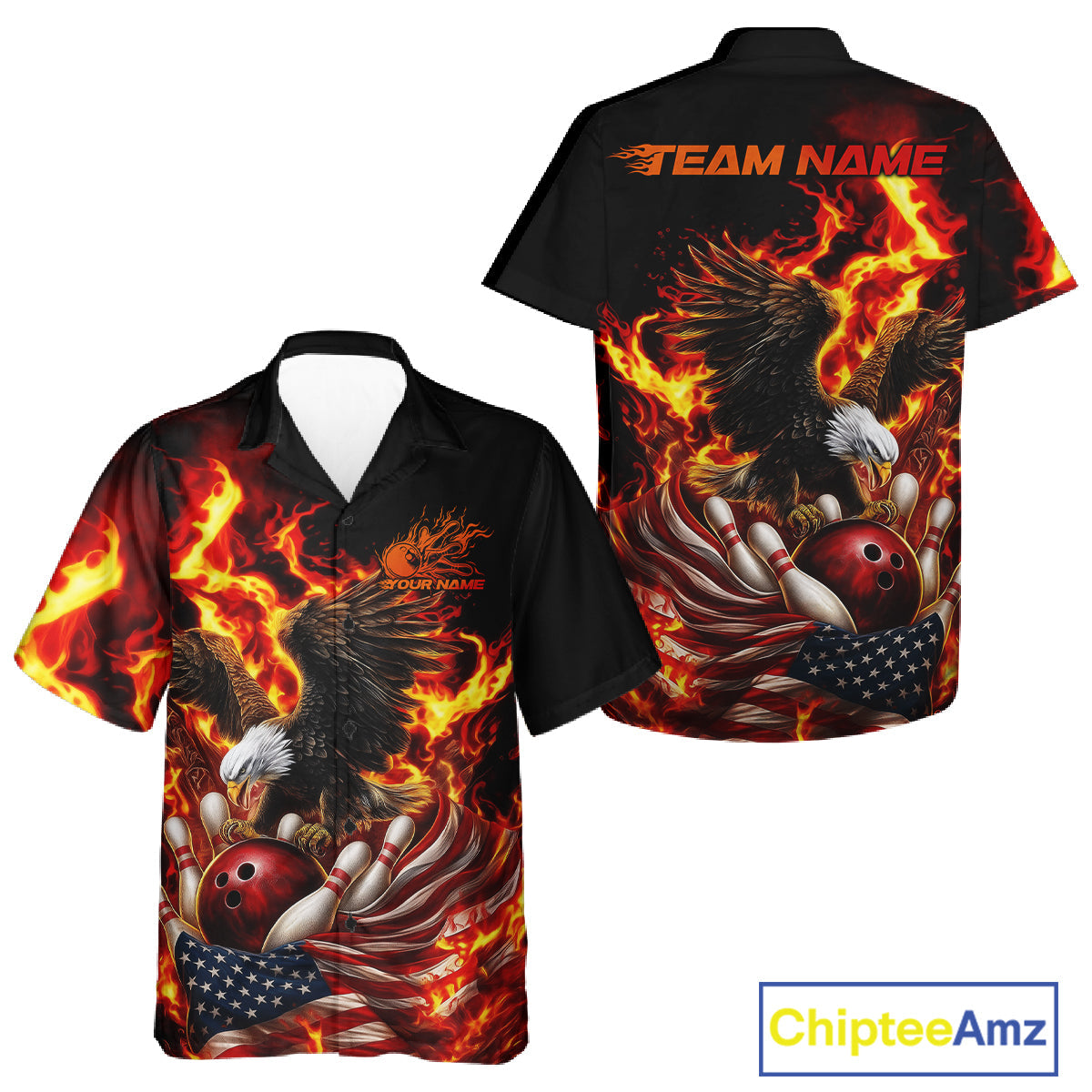 Custom Patriotic Fire Flame Eagle Men And Women Bowling Team Shirt, Firefighter Bowling Shirt IPHW10201