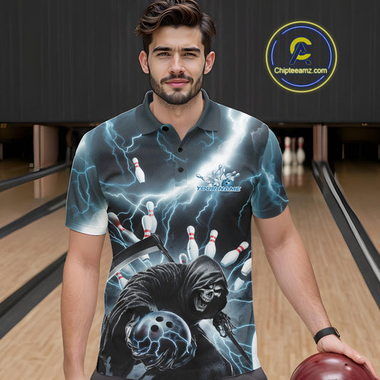 Custom Blue Thunder Lightning Grim Reaper Bowling Men Polo Shirt, Halloween Bowling Outfit IPHW9797
