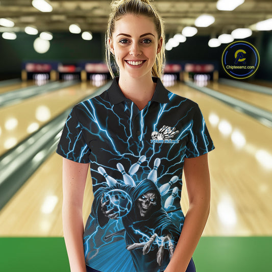 Custom Black And Blue Lightning Grim Reaper Bowling Women Polo Shirt, Halloween Outfit IPHW9804