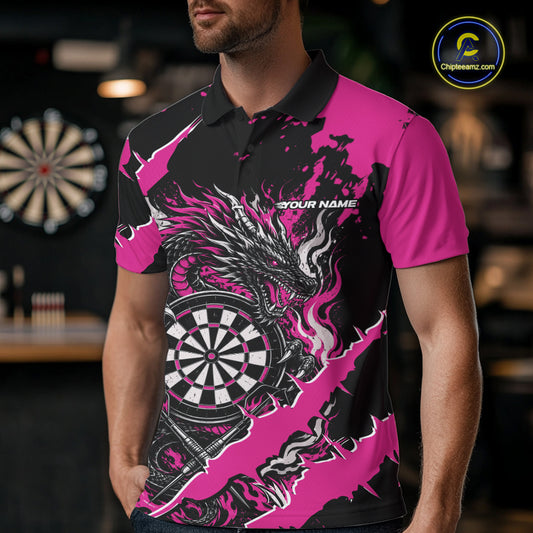 Custom Black And Pink Splatter Dragon Claw Marks Dart Men Polo Shirt, Dart Jersey IPHW12102