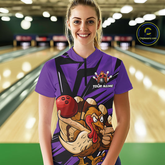 Custom Funny Turkey Bowling Shirts Women, Purple Thanksgiving Bowling Shirt Team Uniform IPHW10679