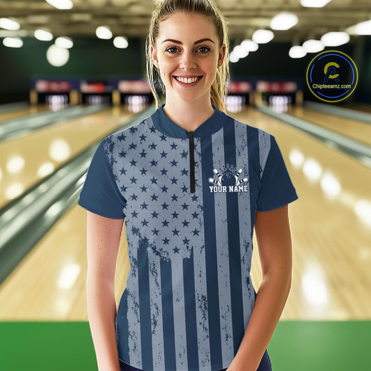 Grunge American Flag Custom Vintage Patriotic Bowling Women Quarter-Zip Shirt IPHW12405
