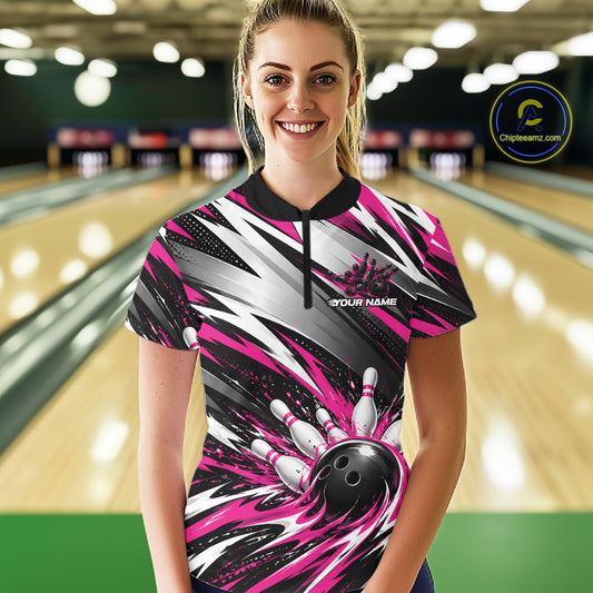 Custom Black And Pink Flame Bowling Jersey, Bowling Quarter-Zip Team Shirt For Women IPHW12413