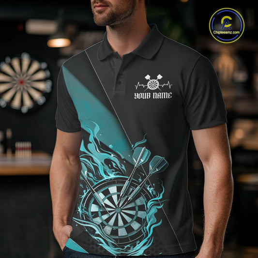 Custom Black And Blue Flame Dartboard Darts Team Men Polo Shirts, Darts Jerseys IPHW10374