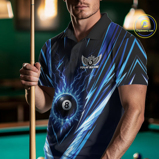 A man in a pool hall wearing a custom short-sleeve polo shirt with a blue and black lightning-bolt design, a 8-ball graphic