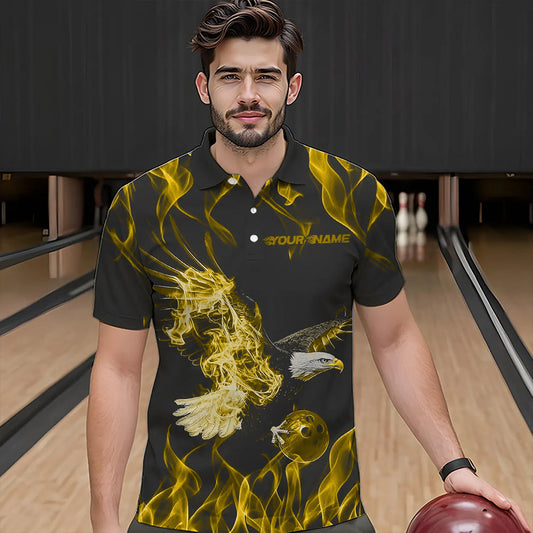 Custom Black And Yellow Flame Eagle Bowling Team Men Polo Shirts, Eagle Bowling League Shirt IPHW8793