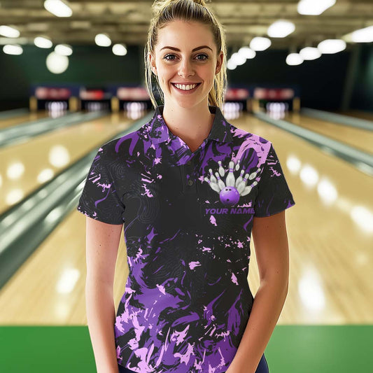 Black, Purple And Pink Custom Bowling Team Women Polo Shirts, Bowling Ball And Pin Jerseys IPHW8796