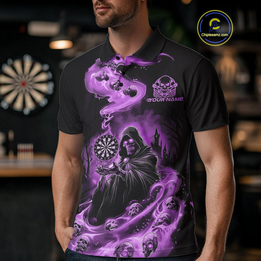 Custom Purple Flame Grim Reaper Dart Men Polo Shirts, Dart Team Halloween Outfits IPHW9981