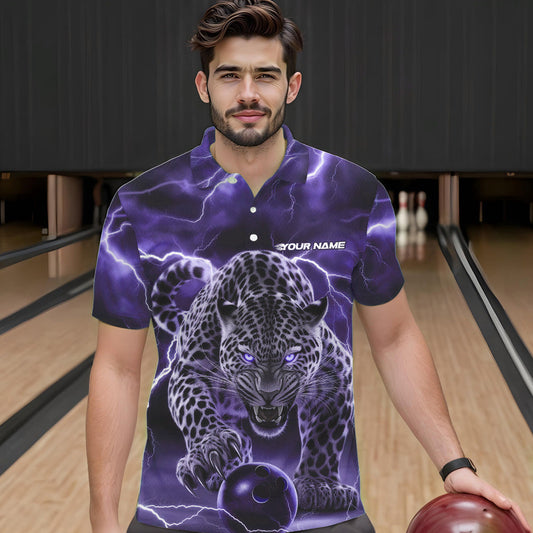 Purple Thunder Lightning Custom Leopard Bowling Polo Shirts For Men, Bowling League Shirt IPHW8319
