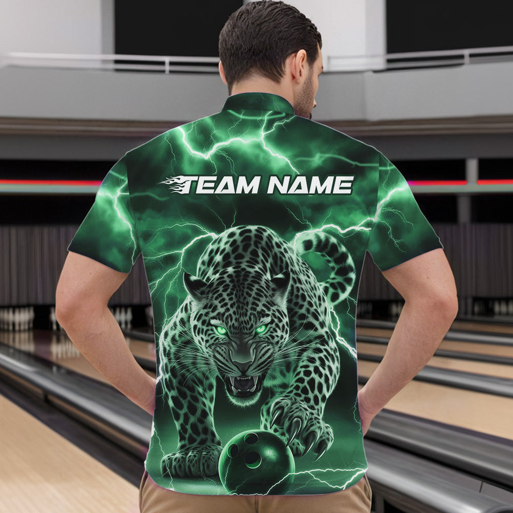 Green Thunder Lightning Custom Leopard Bowling Quarter-Zip Shirts For Men, Bowling League Shirt IPHW8320