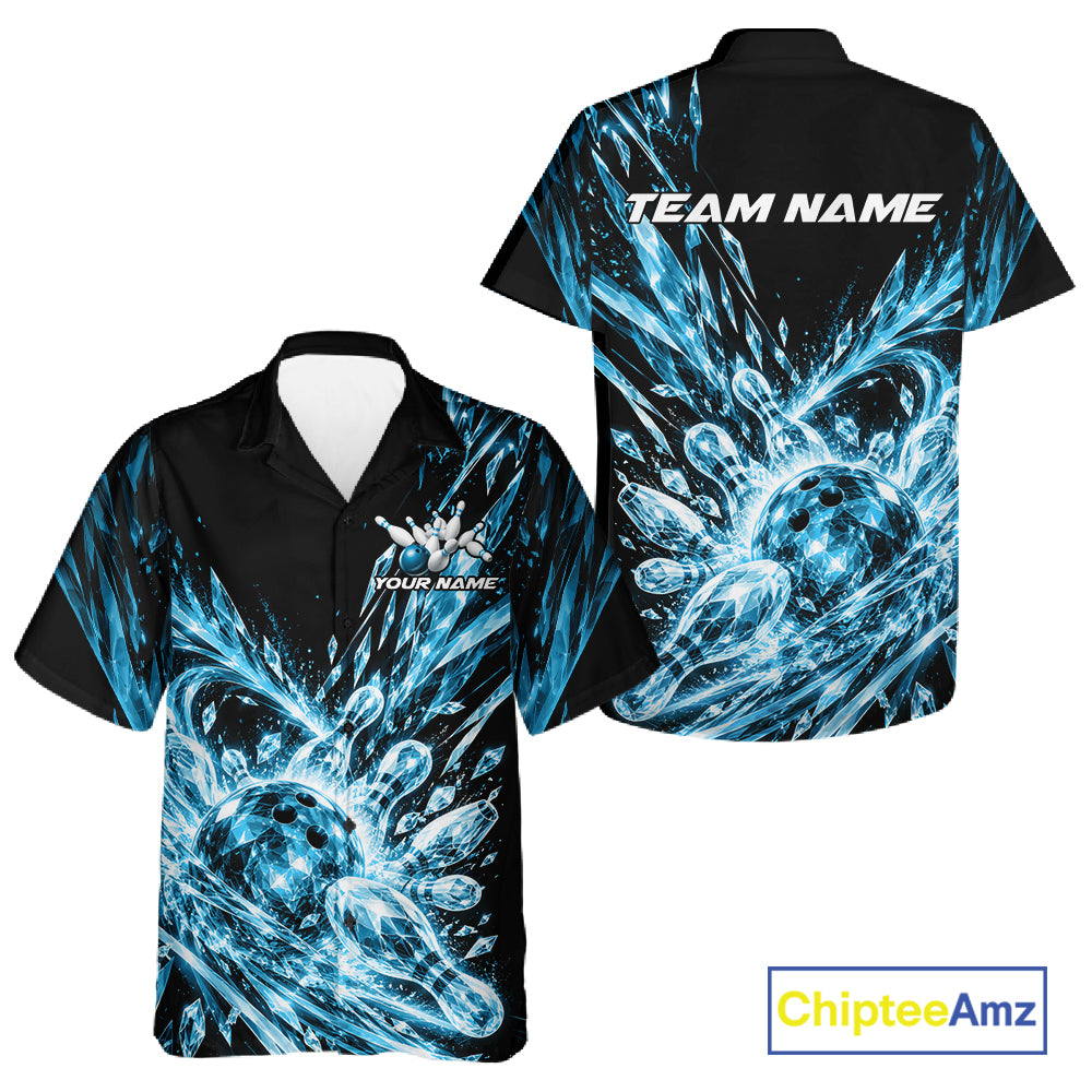 Sky Blue Custom Crystal Ice Bowling Team Men And Women Button Up Shirt, Bowling Tournament Jersey IPHW12436