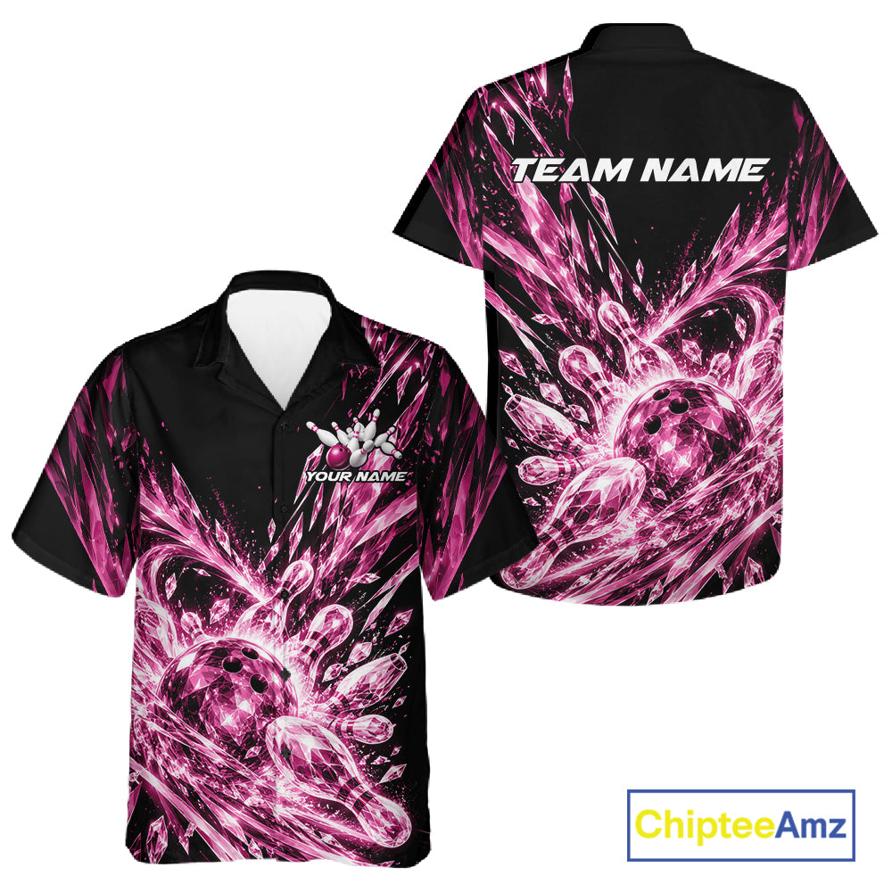 Icy Pink Custom Crystal Ice Bowling Team Men And Women Button Up Shirt, Bowling Tournament Jersey IPHW12438