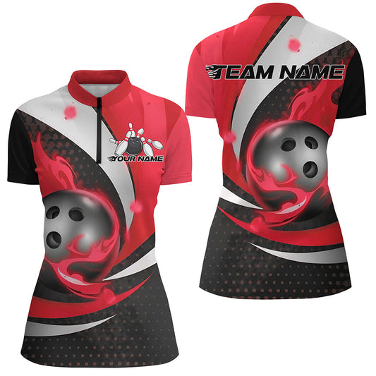 Black And Red Flame Custom Bowling Shirts For Women, Bowling League Shirts Bowler Outfits IPHW7668