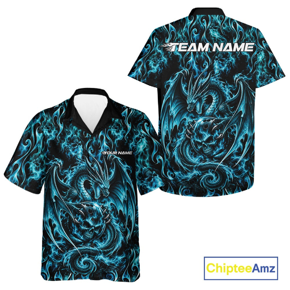 Blue Flame Dragon With Skull Bowling Ball Custom Bowling Men And Women Button Up Shirt Bowling Jersey IPHW12113