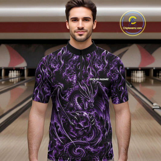 Purple Flame Dragon With Skull Bowling Ball Custom Bowling Men Quarter Zip Shirt Bowling Jersey IPHW12115