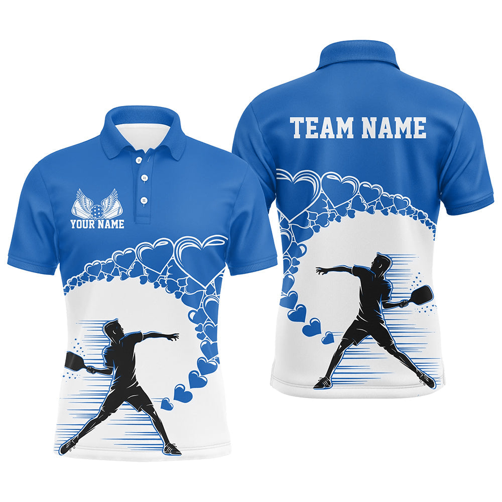 Custom Valentine Pickleball Polo Shirts For Men, Blue Heart Pickleball Couple Shirt IPHW8106