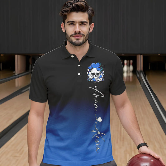 Custom Black And Blue Skull Valentines Day Couple Bowling Polo Shirts For Men IPHW8343