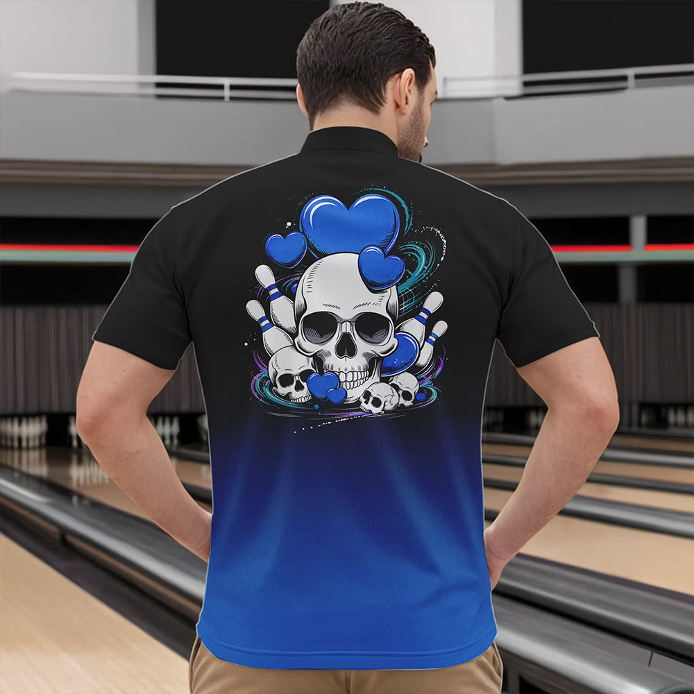Custom Black And Blue Skull Valentines Day Couple Bowling Quarter-Zip Shirts For Men IPHW8343